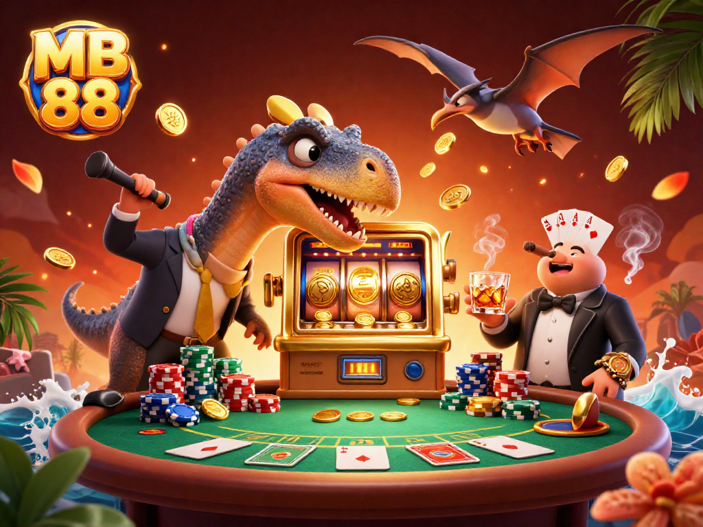 MB 88 showcases vibrant casino action with a dinosaur-themed jackpot scene, rich in detail.