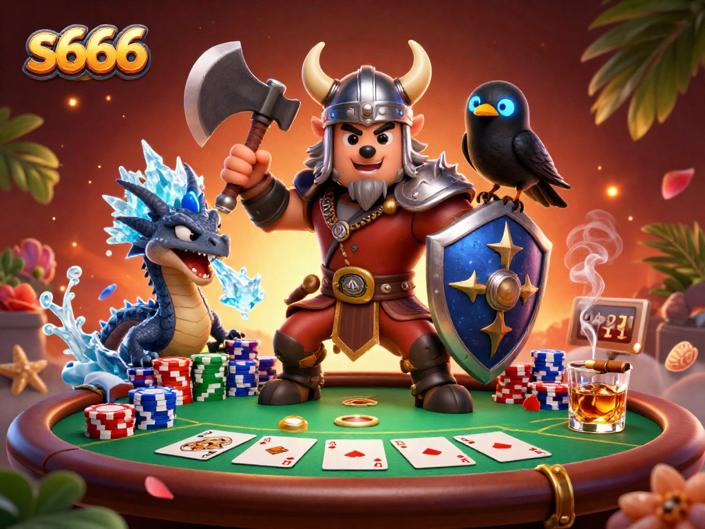 Engage in thrilling poker with s666 featuring a Viking wolf warrior, icy dragon, and poker elements
