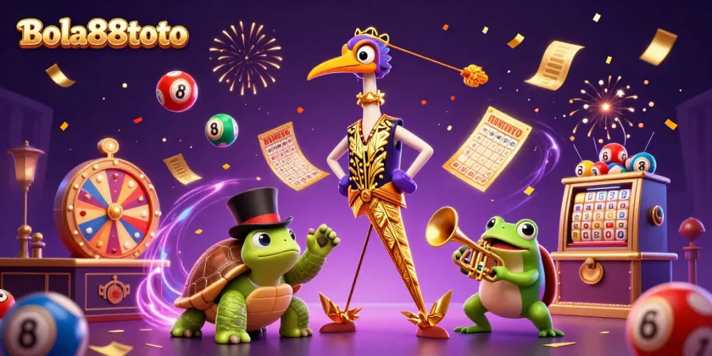 Bola88toto showcases a lively casino scene with whimsical characters and vibrant game elements celebrating excitement.