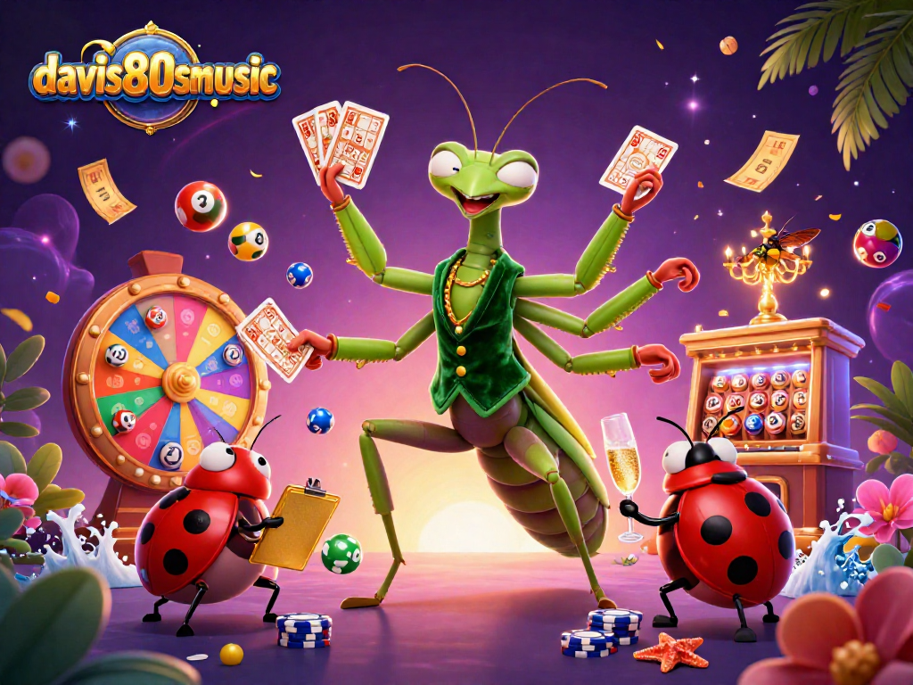 Engage in a vibrant casino scene with davis80smusic, featuring a praying mantis card sharp and lively animations.