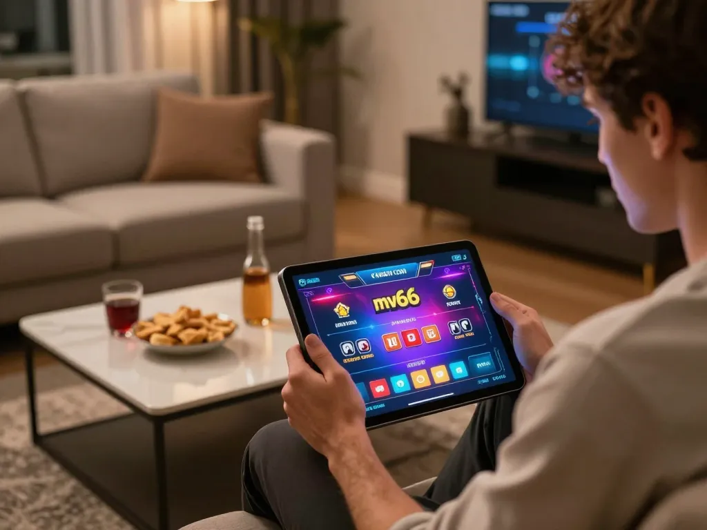 Engaged gaming experience on mv66 com in a cozy home setting with tablet and snacks