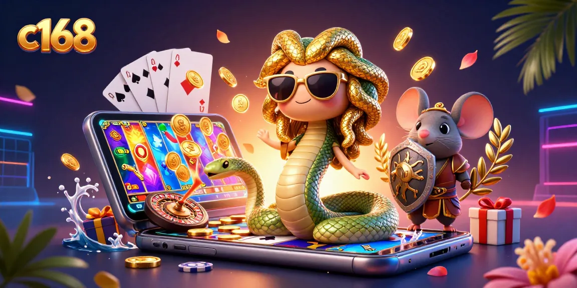 Spin and win at c168, featuring Medusa and a warrior mouse amidst vibrant gaming elements.