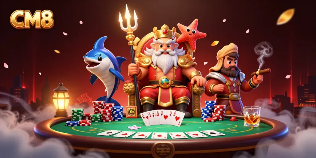 Experience casino gaming excitement with CM8 as Neptune and friends engage on a vibrant poker scene.