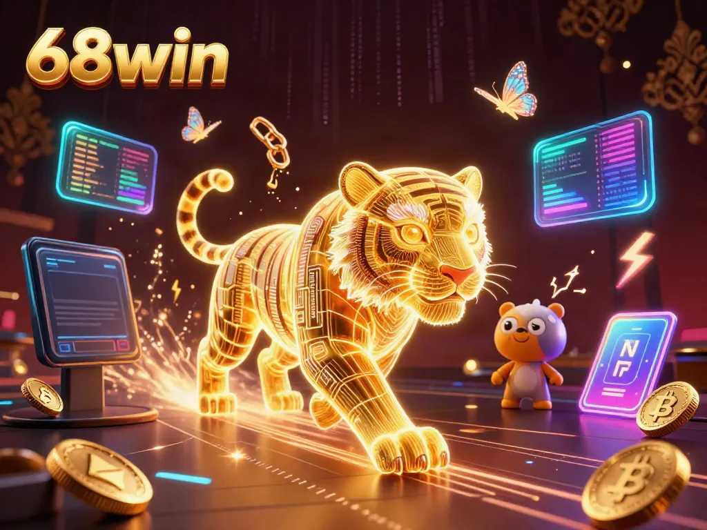 Experience thrilling gameplay at 68win with vibrant 3D characters in a neon-lit casino.
