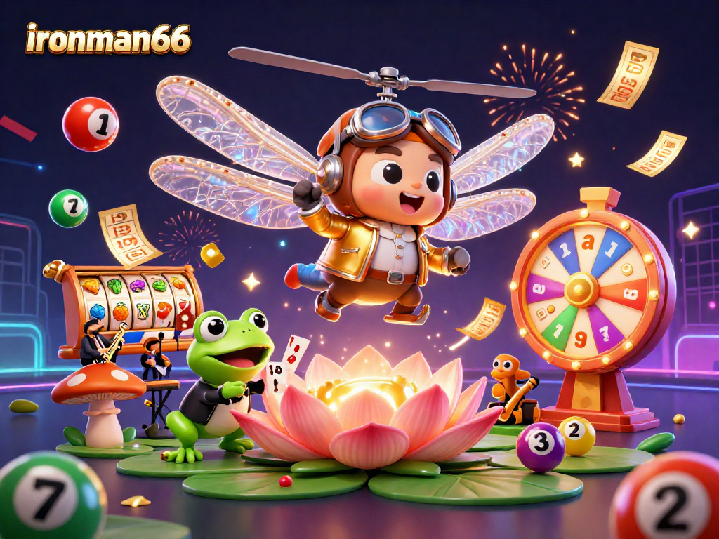Experience exciting gameplay at ironman66 with a vibrant casino scene featuring slots, cards, and fun characters.