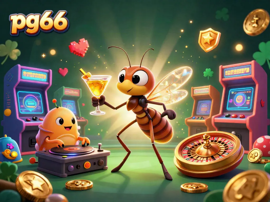 Engage with pg66's vibrant casino atmosphere with a dynamic scene featuring lively characters and gaming elements.