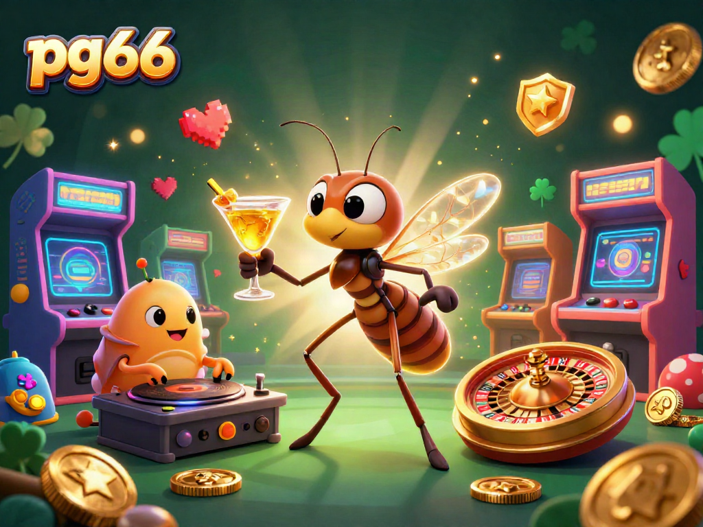 Engage with pg66's vibrant casino atmosphere with a dynamic scene featuring lively characters and gaming elements.