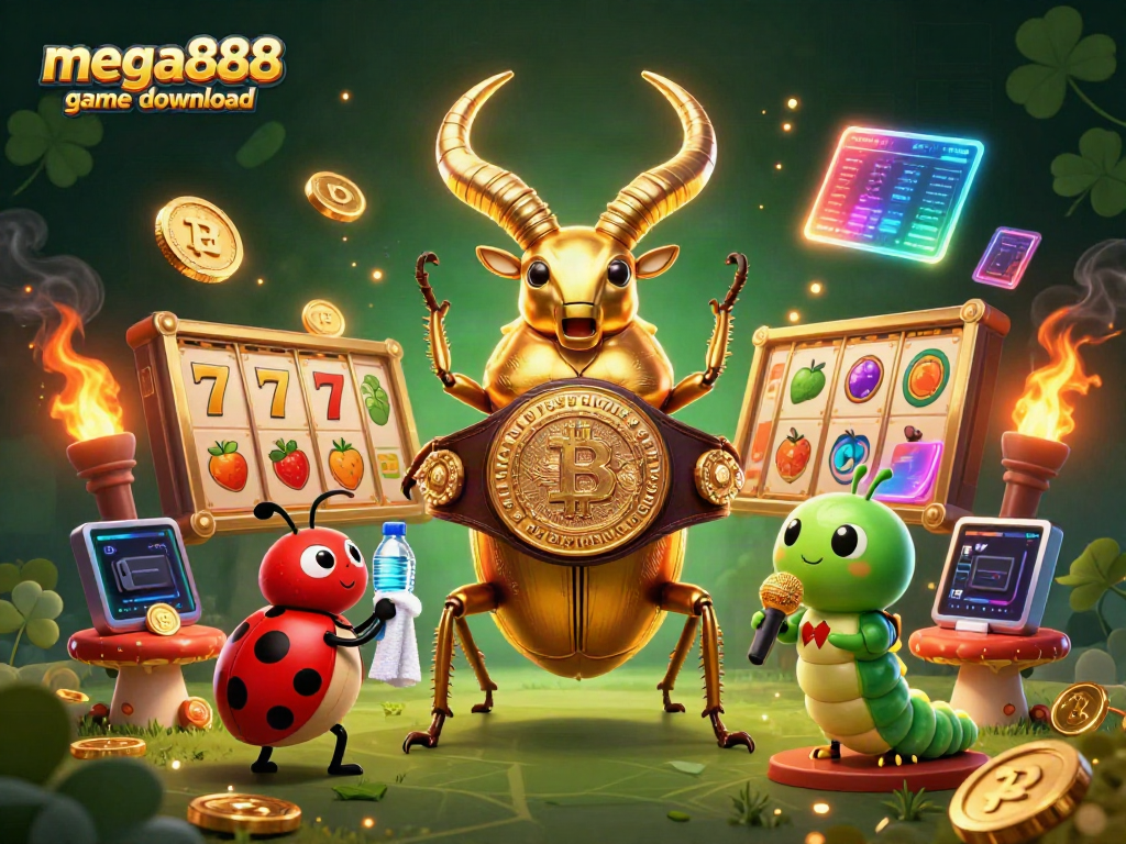 Engage with the mega888 game download featuring a vibrant 3D casino scene filled with slots, coins, and energy.