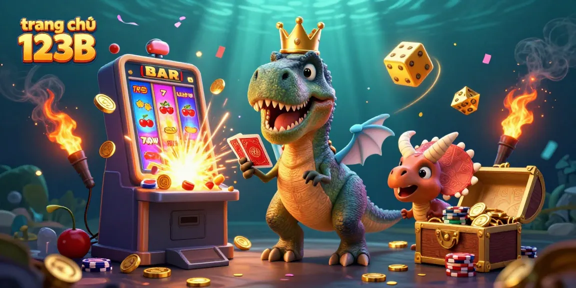 Experience excitement at trang chủ 123B with a colorful 3D illustration of a playful T-Rex and vibrant casino elements.