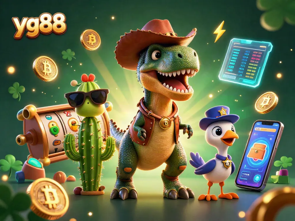 Engage with yg88 casino games, featuring a thrilling scene with a T-Rex and friends amidst vibrant slot machines.