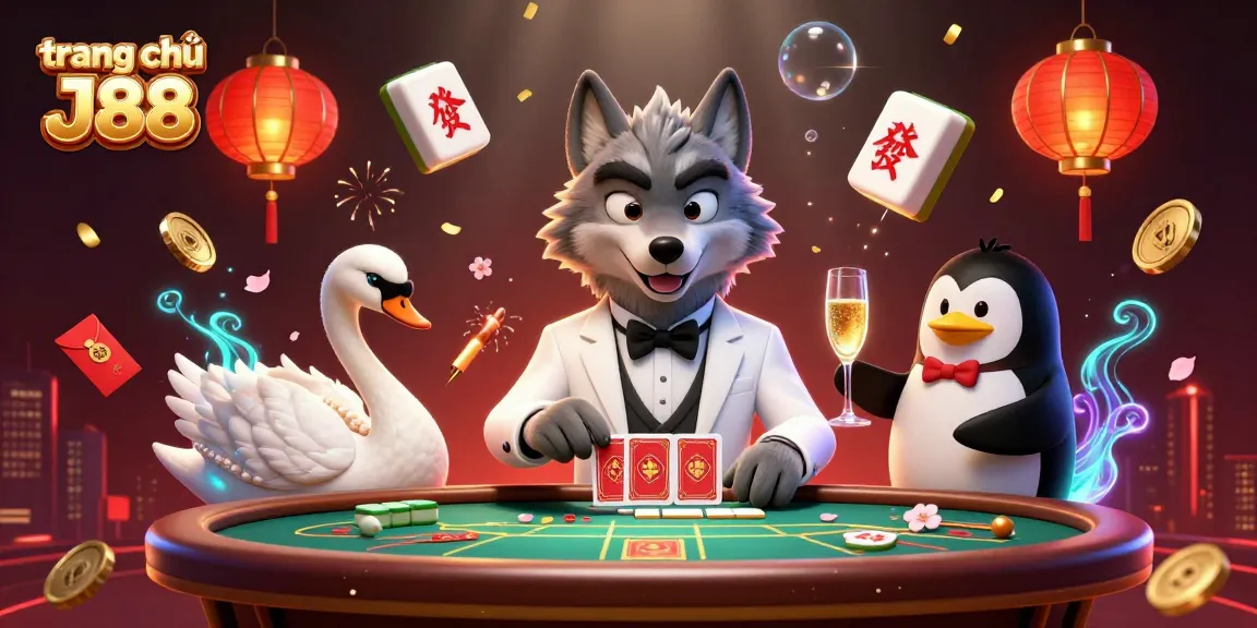 Engage with the exciting trang chủ J88 casino scene featuring a debonair wolf, elegant swan, and penguin sommeliers.