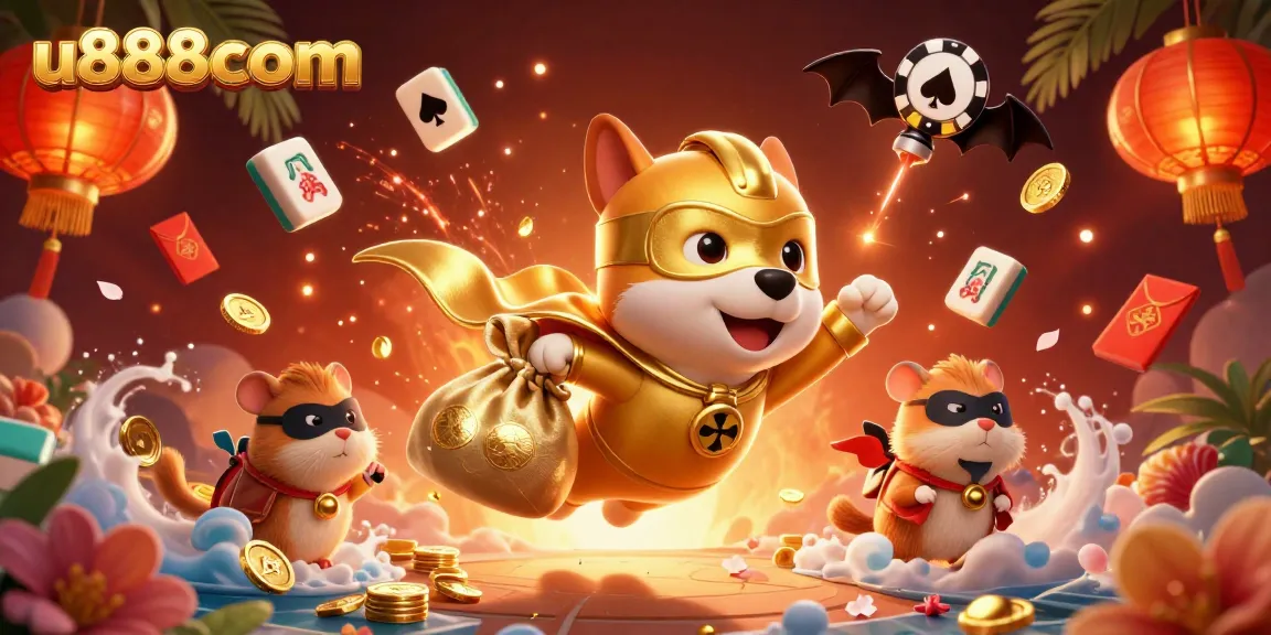 Experience thrilling wins at u888com with a dynamic gaming scene featuring a cartoon superhero dog and immersive casino elements.