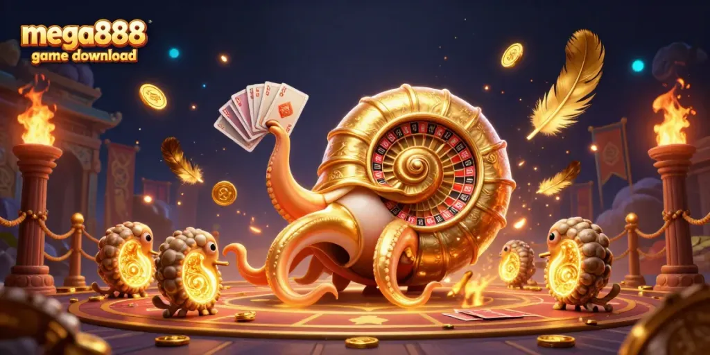 Spin to win with mega888 game download featuring a giant nautilus roulette wheel and glowing ammonite companions.