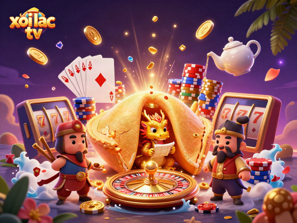 Spin your luck with xoi lac tv as a dragon reads fortunes amidst golden casino treasures.