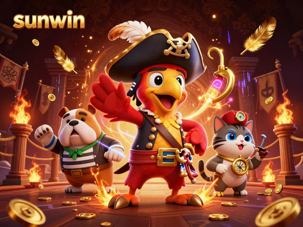 Engage in the thrilling world of Sunwin with a dynamic illustration of a pirate captain and crew presenting casino excitement.
