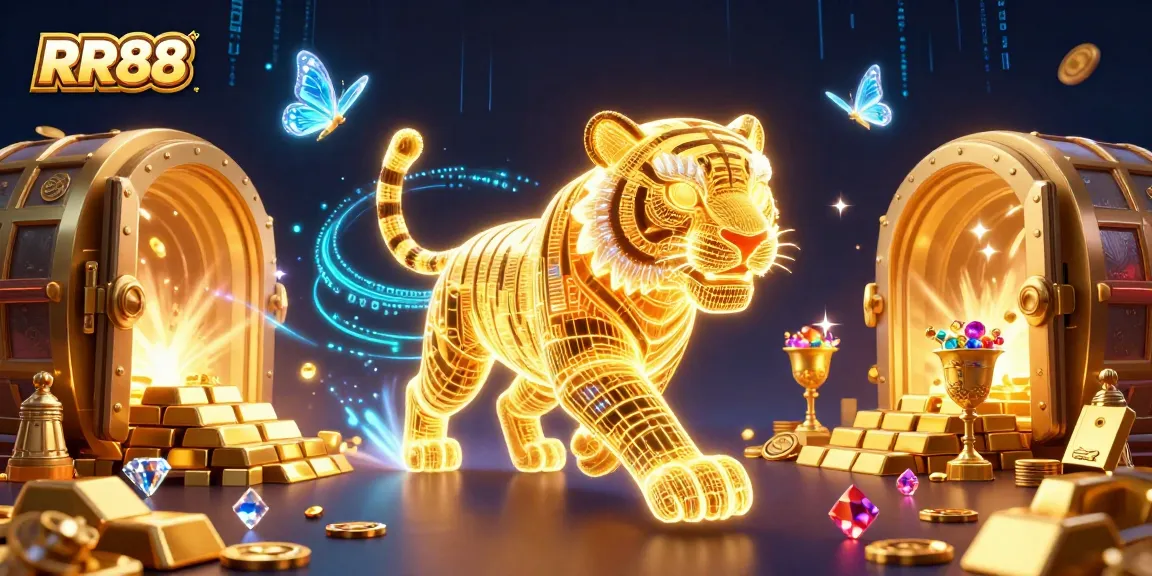 Experience RR88's vibrant casino landscape with neon tiger and treasure elements.
