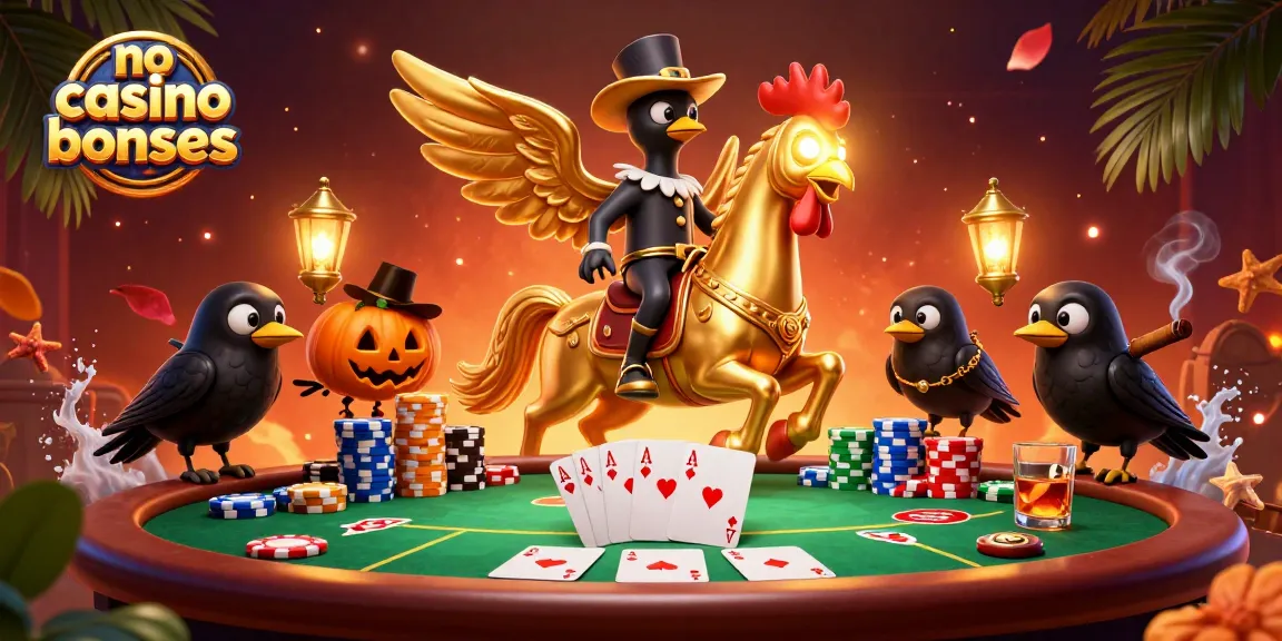 No deposit casino bonuses scene with a golden rooster, poker elements, and vibrant casino ambiance.