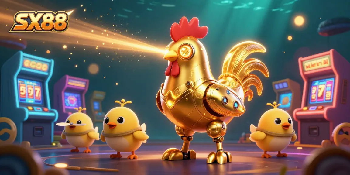 SX88 entertains players with a vibrant scene featuring a golden rooster robot surrounded by slot machines.