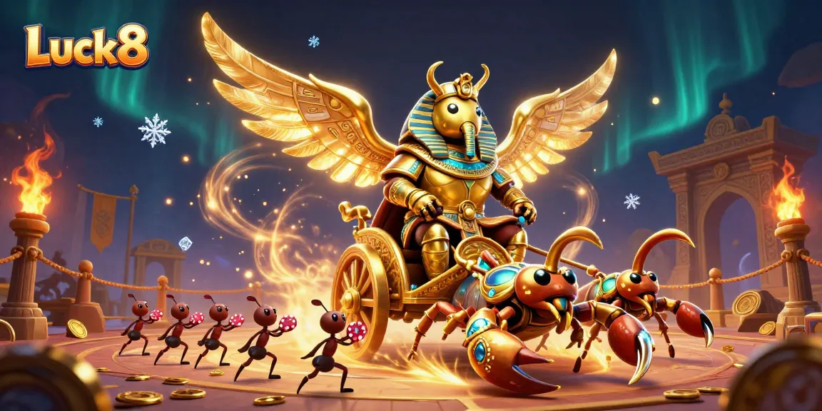 Luck8 offers an engaging scene of casino adventure with a majestic golden scarab beetle and poker chips.