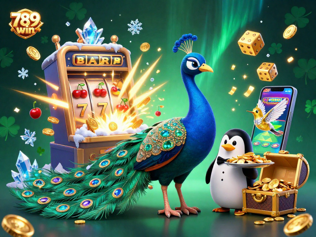 Engage in exciting gameplay at 789win with a cartoon peacock and penguin amidst a jackpot explosion.