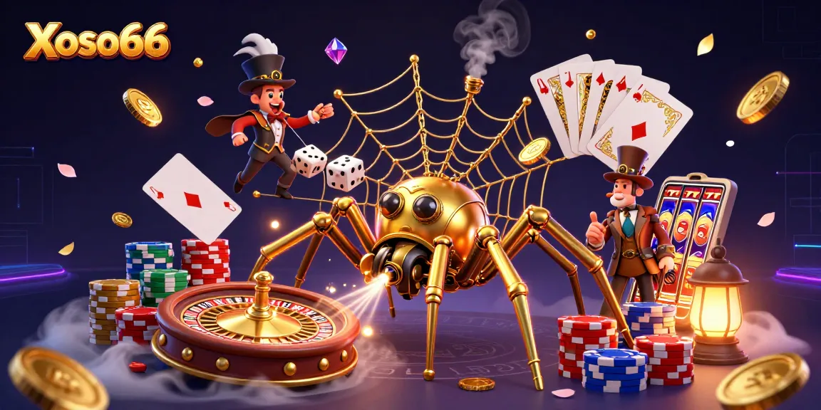 Xoso66 features a dynamic 3D scene showcasing unique steampunk elements, captivating gameplay symbols, and vibrant casino visuals.