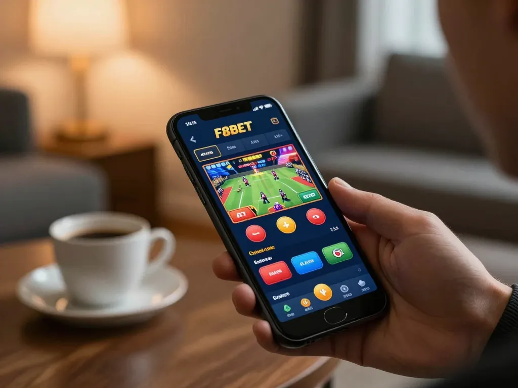 Experience the thrill of betting on F8BET with a smartphone app showcasing live gaming options.
