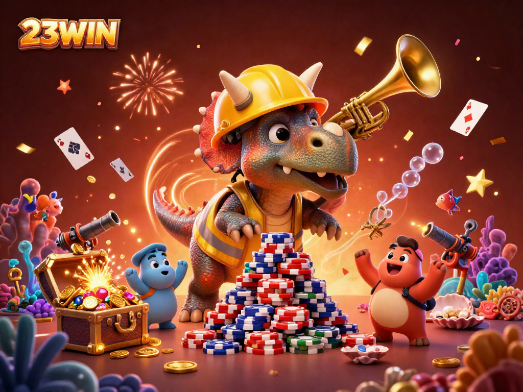 Experience the excitement of 23WIN casino games with a vibrant 3D illustration of characters celebrating!