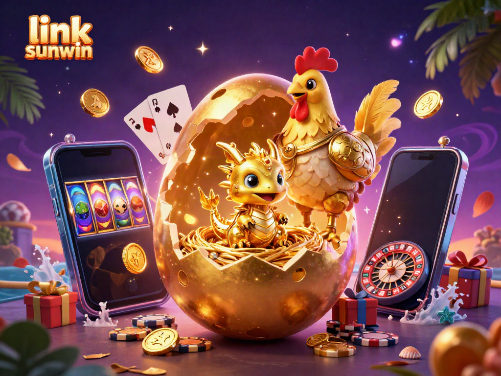 Experience the excitement of link sunwin with a golden dragon guarding poker chips, surrounded by vibrant casino elements.