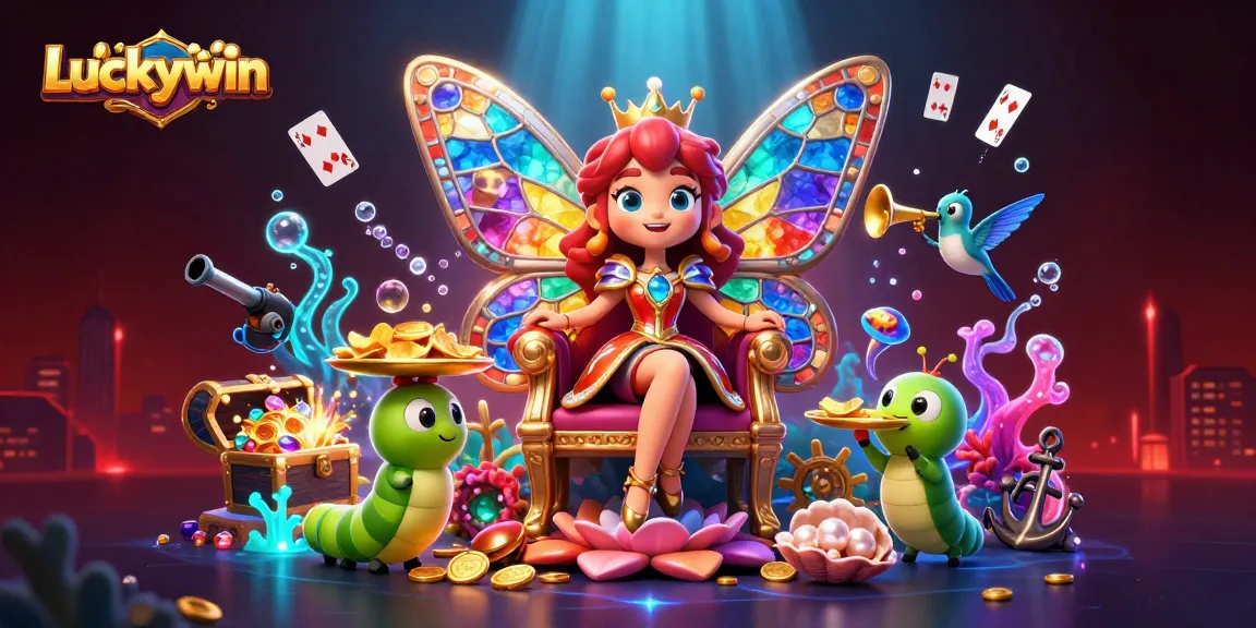 Experience the vibrant world of Luckywin with colorful gems and a captivating butterfly queen.