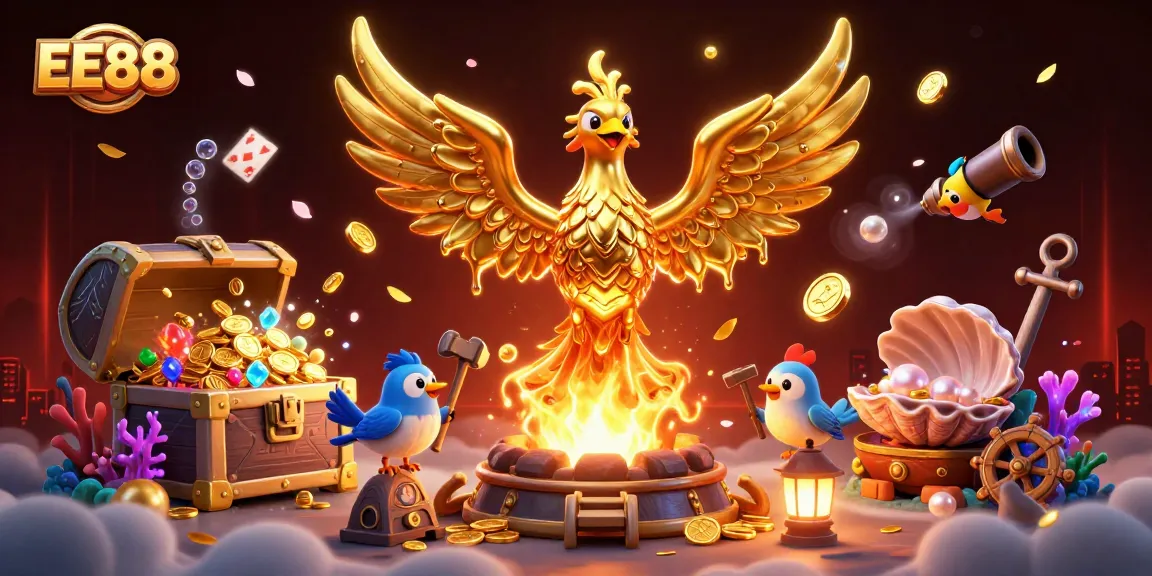 Experience the excitement of EE88 with a golden phoenix emerging from a forge, surrounded by vibrant casino elements.