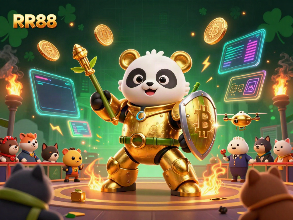 Experience thrilling action with RR88 as the mech-suit panda battles in a vibrant casino arena.