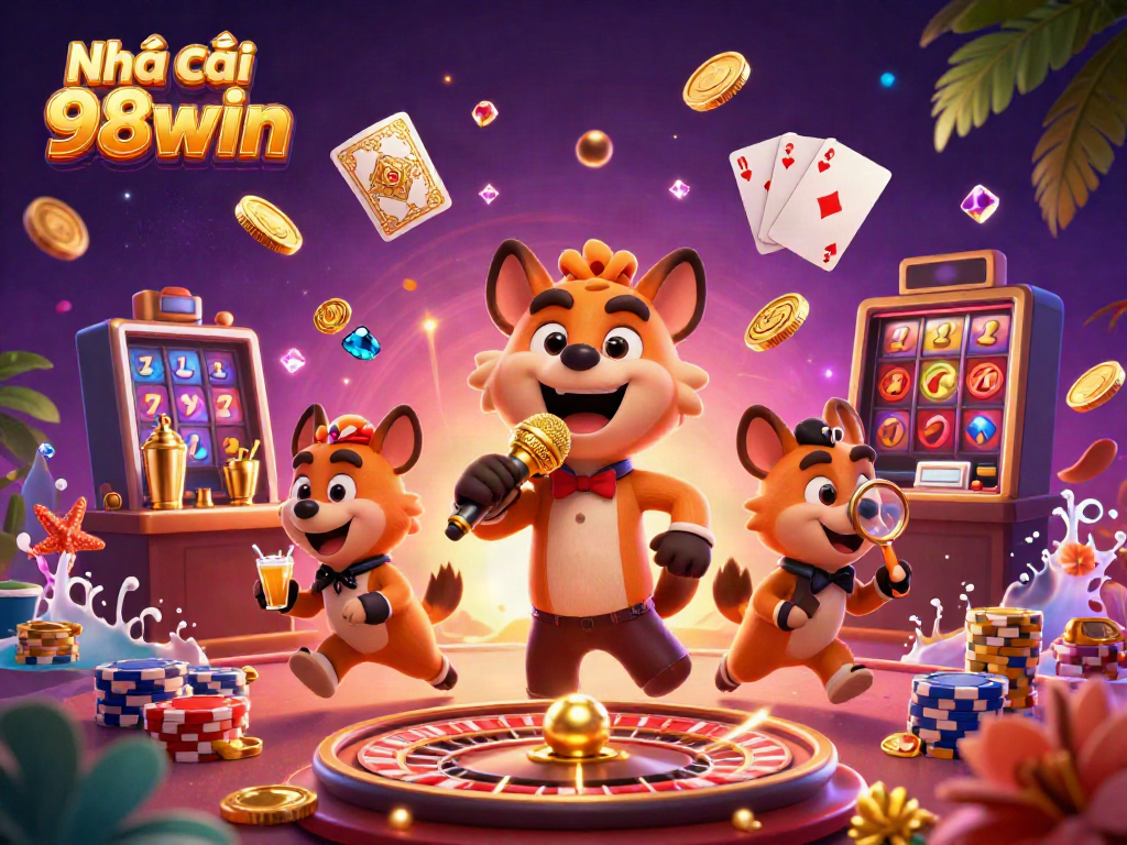 Experience thrilling gameplay and excitement at Nhà cái 98win with vibrant casino illustration featuring lively characters.
