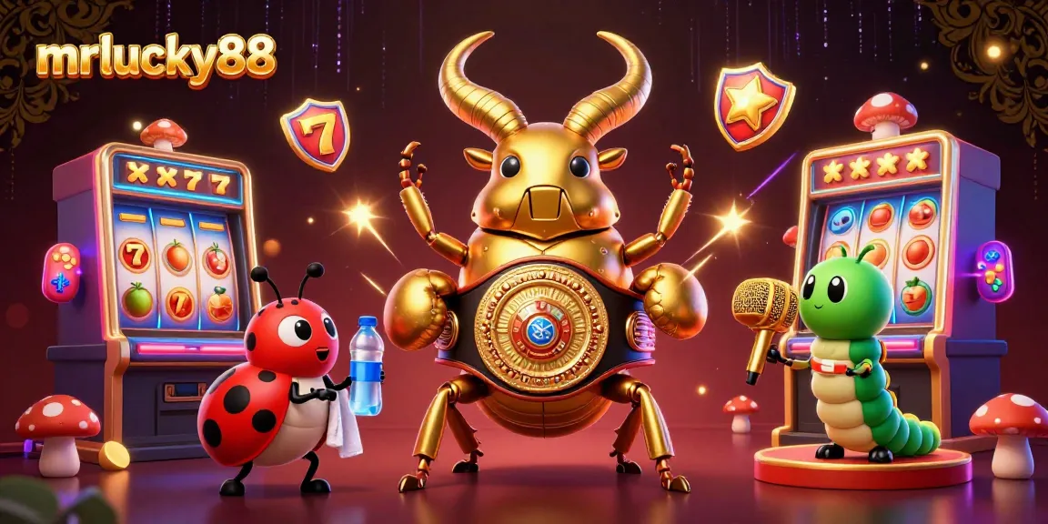 Play exciting games at mrlucky88 with vibrant golden stag beetle, ladybug, and caterpillar characters.