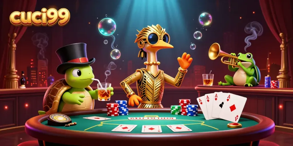 Experience thrilling games at cuci99 with lively characters at a casino speakeasy.