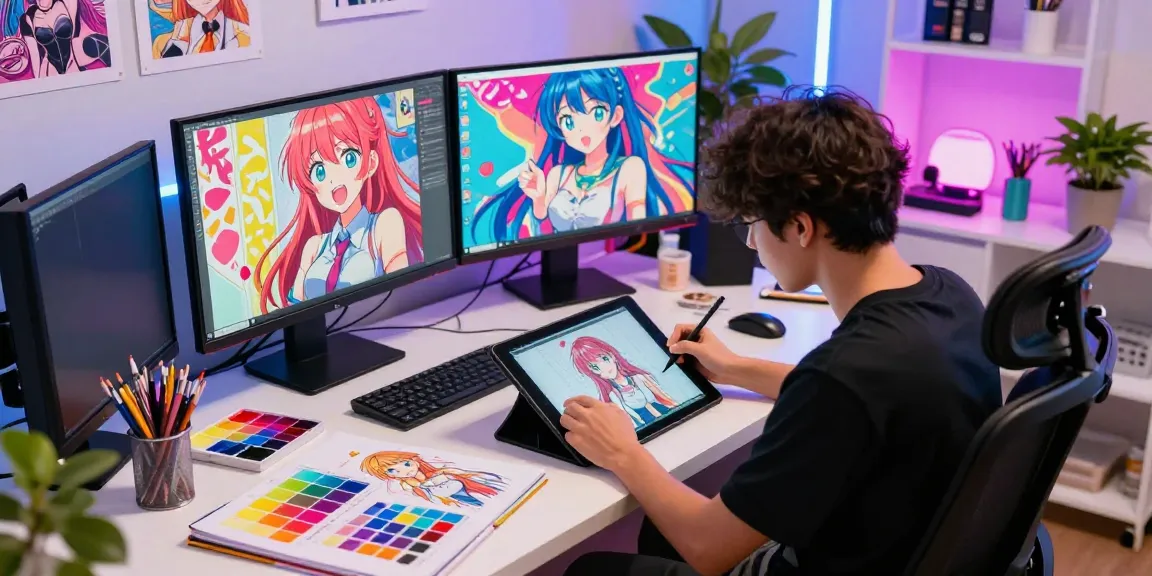 Creating stunning ai ecchi art in a vibrant digital studio, showcasing character design tools and creative atmosphere.