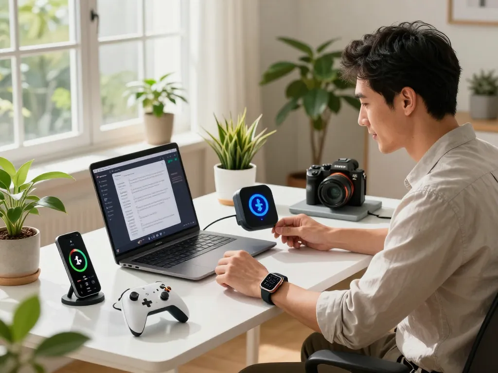 Showcasing the best tech gadgets for men in a modern home office setting with Bluetooth devices.