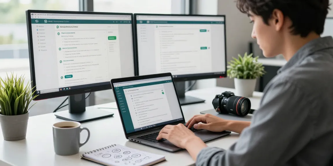 Person engaging with WhatsApp網頁版 on a laptop in a modern office.