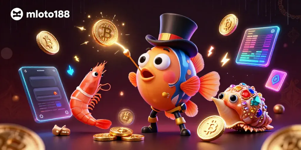 Engage with exciting slot games at mloto188 featuring glowing coins, sparkling elements, and animated sea characters.