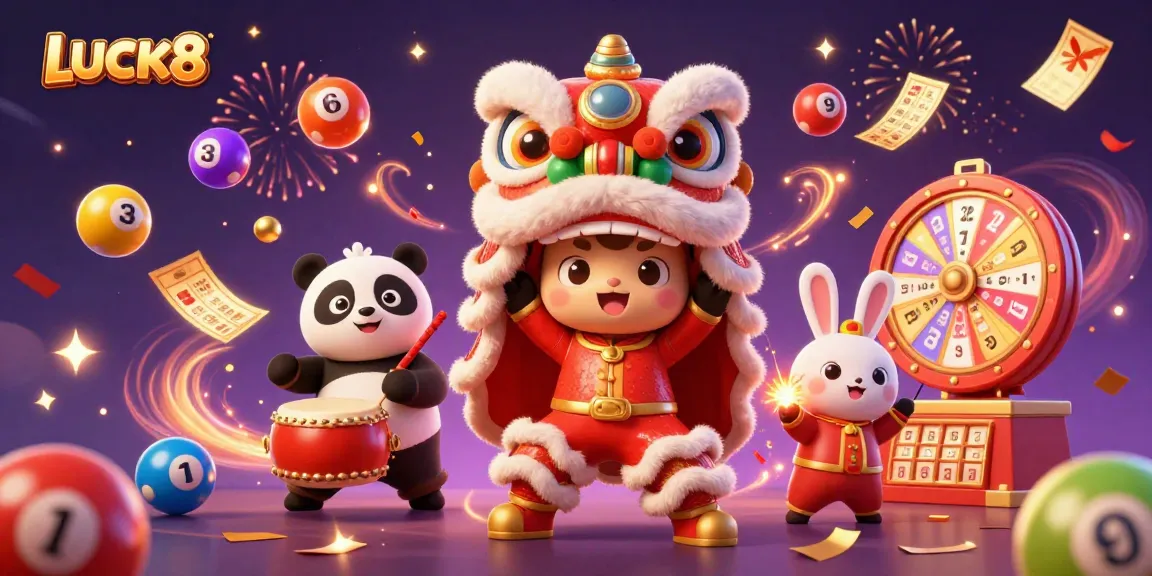 Experience LUCK8 with vibrant lottery elements and festive characters in a dynamic casino celebration.