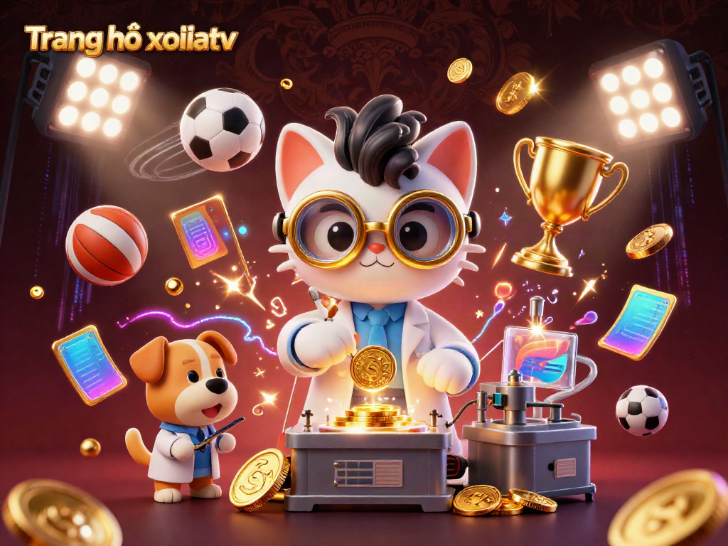 Experience the thrill at Trang chủ xoilactv with 3D mad scientist and dog creating gold-coin magic amid vibrant sports elements.