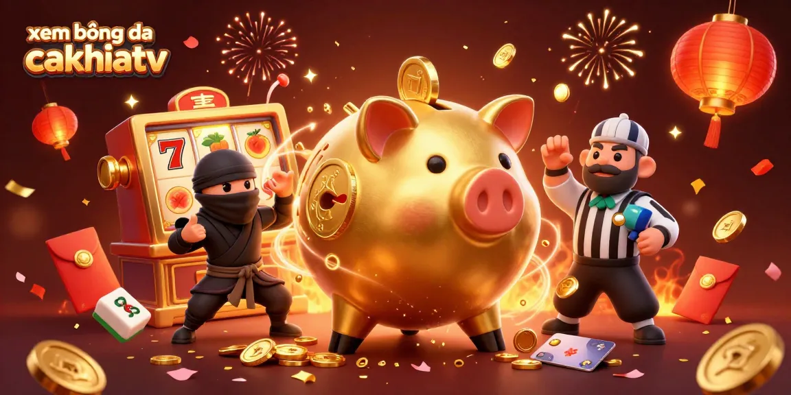 xem bóng đá cakhiatv features an energetic scene with a golden piggy bank wrestler and casino elements.