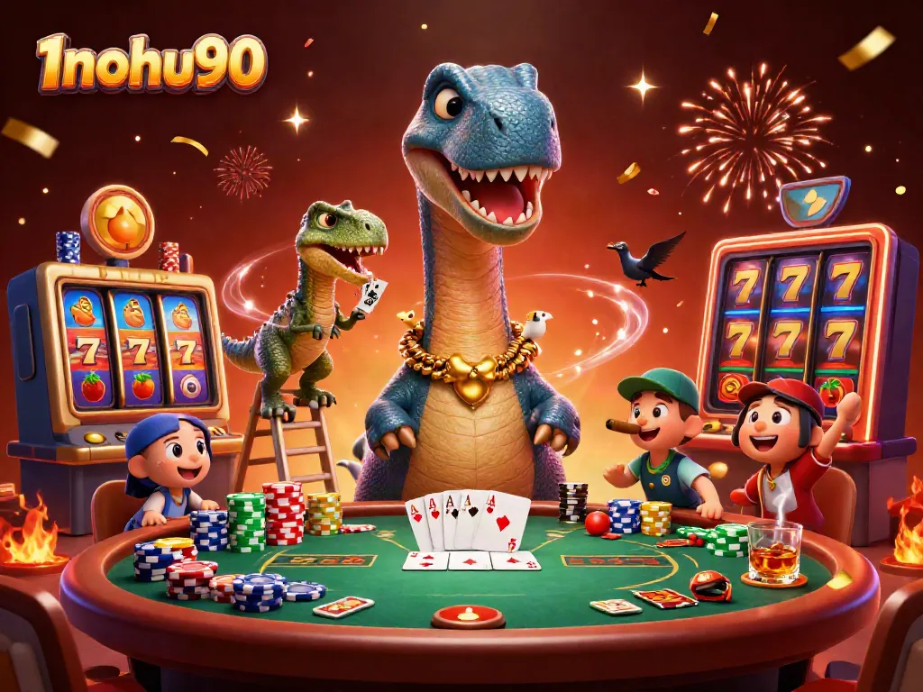Spin jackpot reels and win at 1nohu90's vibrant casino scene filled with colorful slot elements.