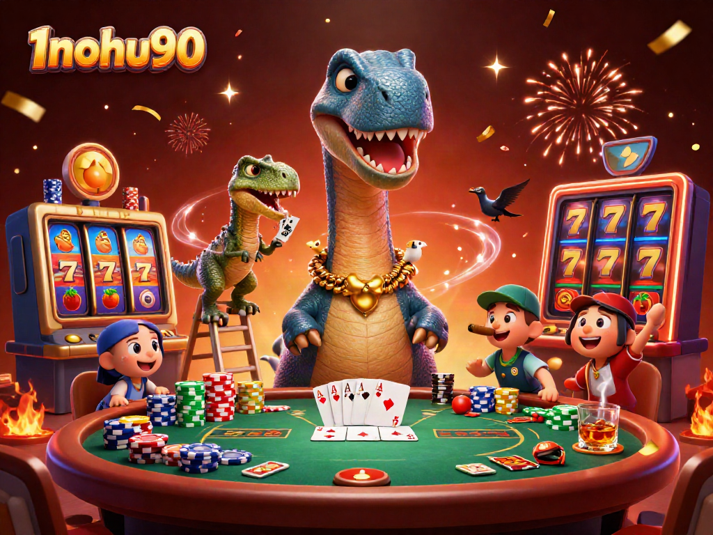 Spin jackpot reels and win at 1nohu90's vibrant casino scene filled with colorful slot elements.