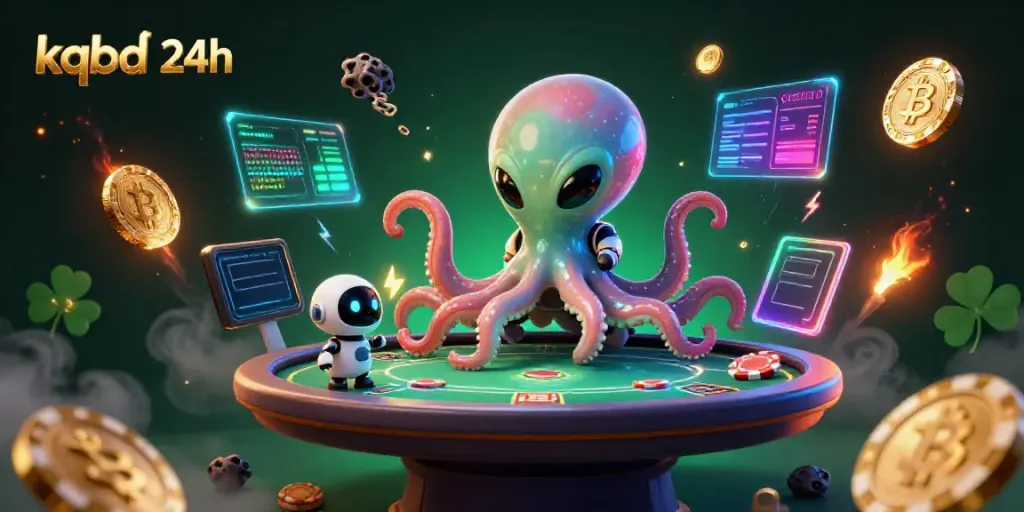 Engaging scene of kqbd 24h featuring a space octopus managing a poker table with lively alien elements.