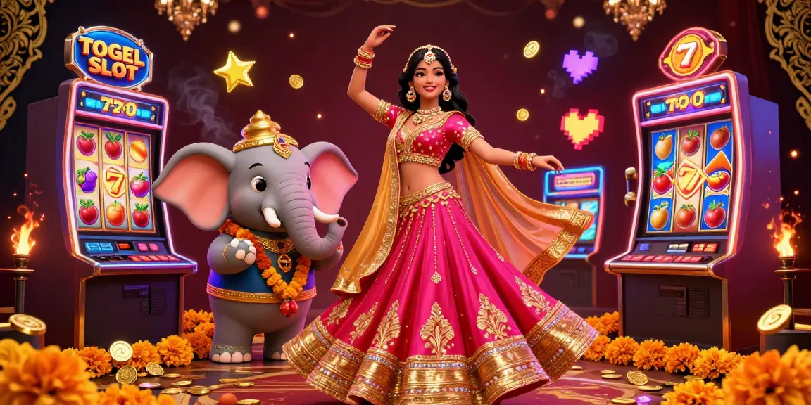 Engage with the TOGEL SLOT experience featuring a vibrant scene of a dancing lady, colorful slot machines, and glowing coins.