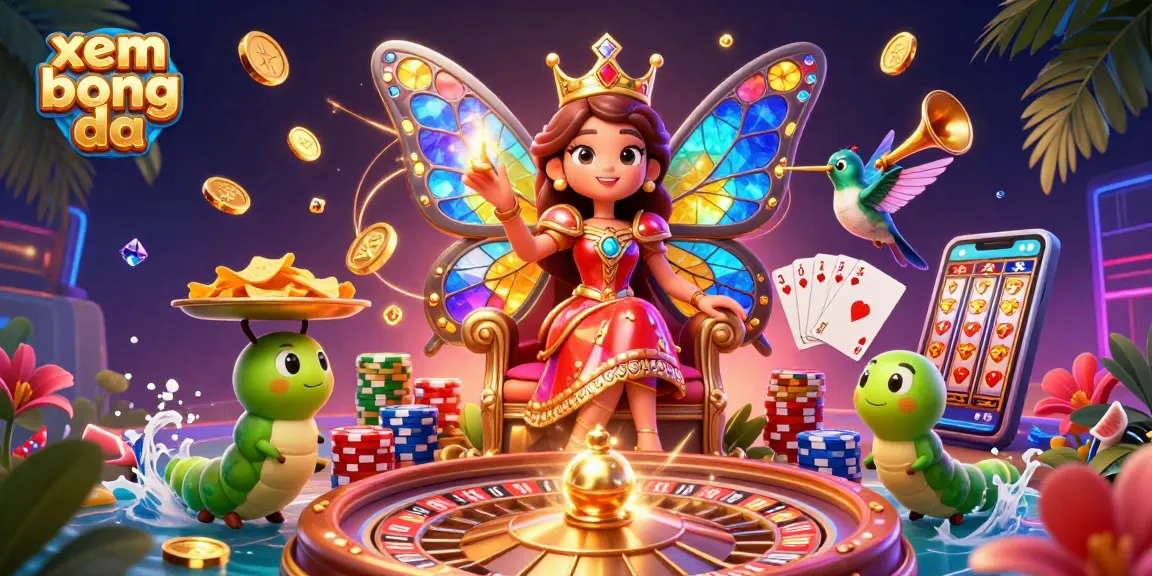 Xem bong da with stunning visuals of a butterfly queen and animated gaming elements in a vibrant casino scene
