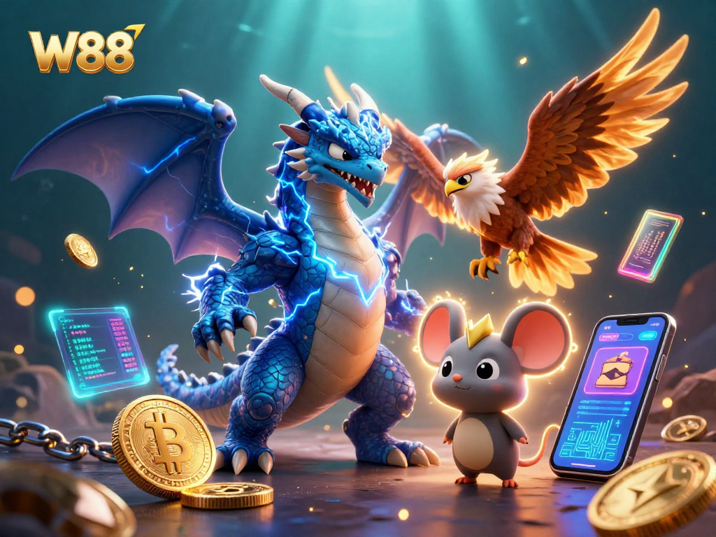 Experience thrilling gameplay at W88 with captivating casino characters and crypto elements.