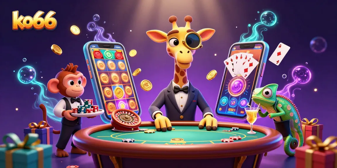 Experience the thrill with ko66 as our high-roller giraffe plays poker, surrounded by vibrant gambling elements.