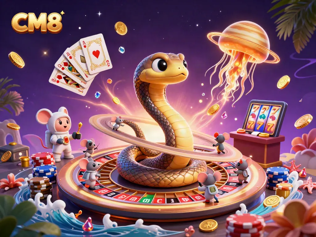 Experience CM8's thrilling cosmic casino with spinning roulette and vibrant gaming elements.
