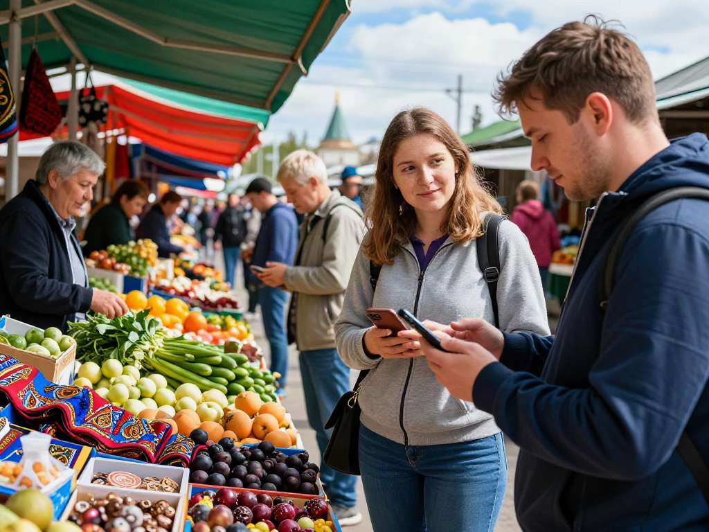 Pembayaran di Rusia dengan https://payinrussia.com/ di pasar tempatan yang meriah.